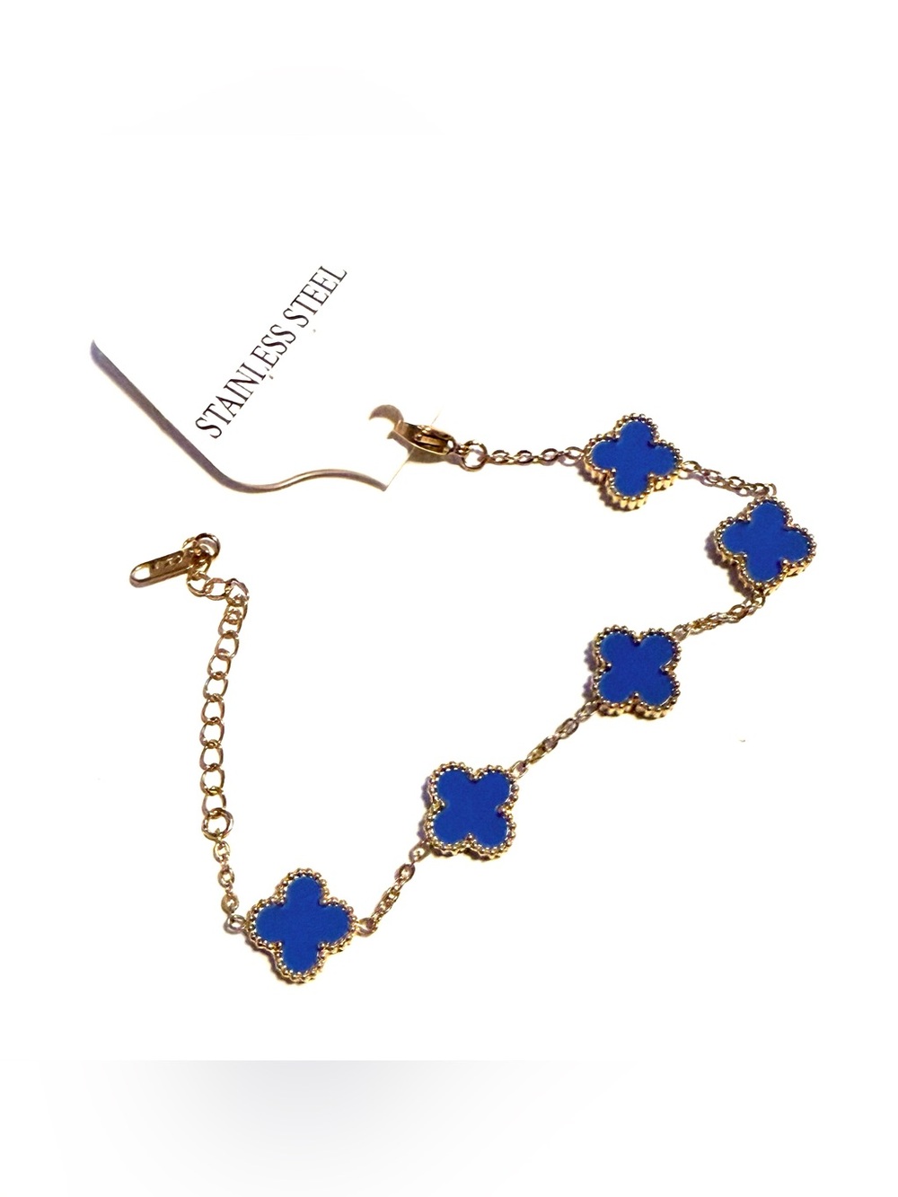 Gold Color Bracelet with 5 Blue Clover charms